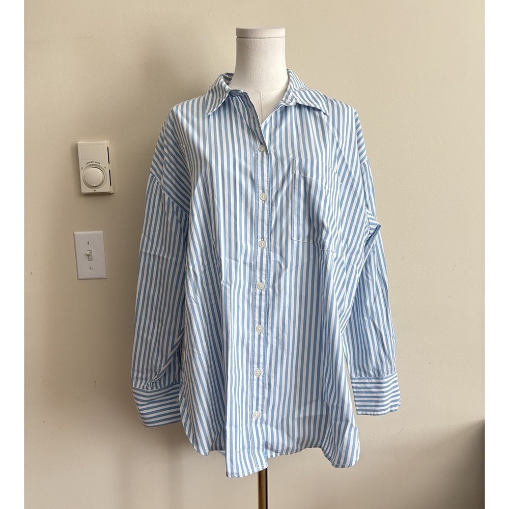 Anthropologie Maeve Medium Button Up Shirt Blue White Stripe Office Preppy Chic